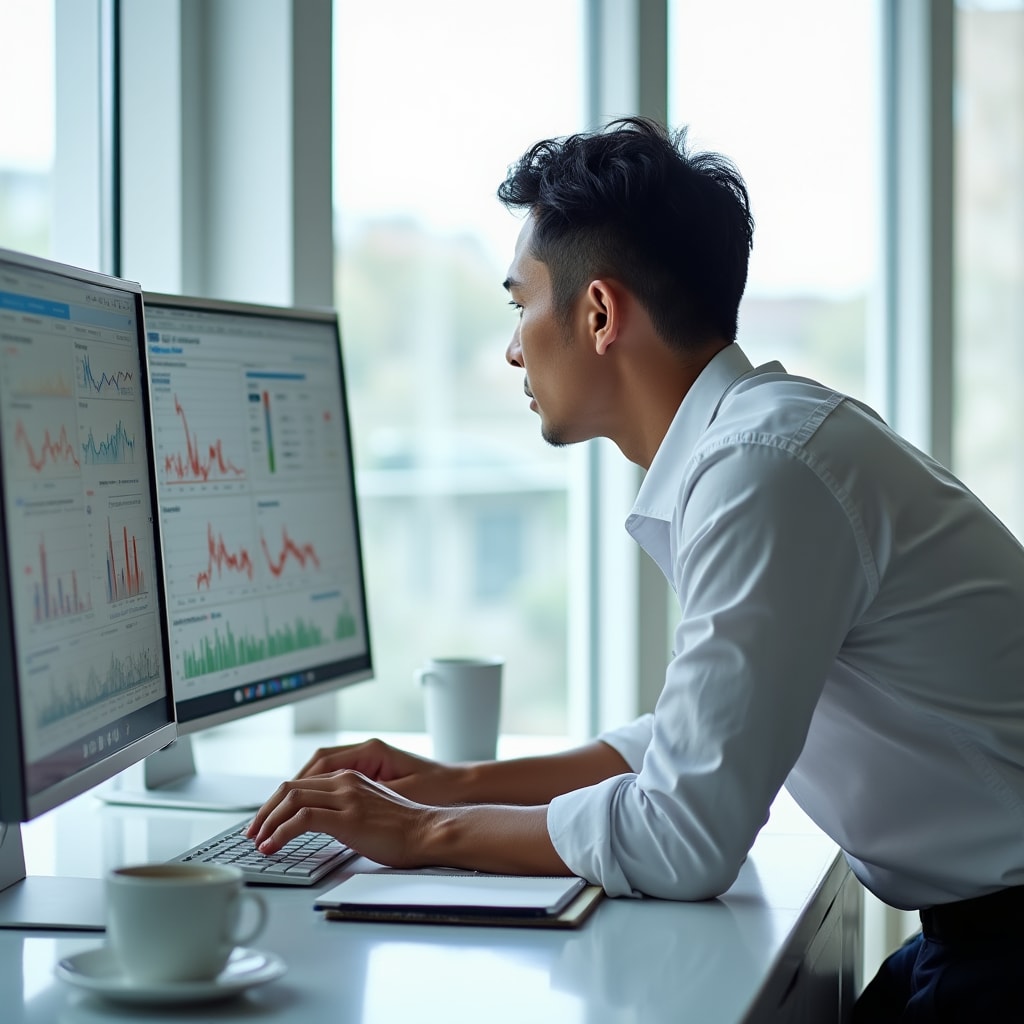 Property manager analyzing occupancy trends and seasonal patterns on large monitor in modern office space