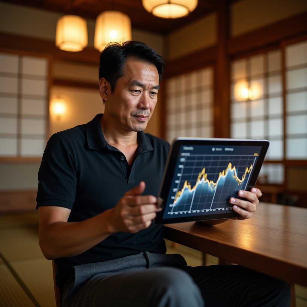 Ryokan owner examining seasonal occupancy data on tablet in traditional Japanese property setting