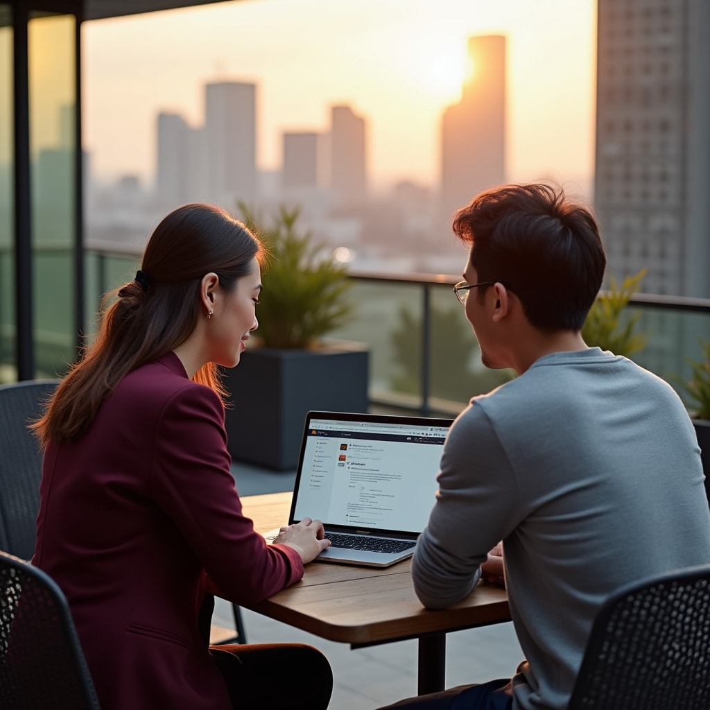 Property owner reviewing integration setup on laptop during outdoor consultation session